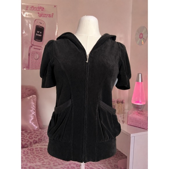 Juicy Couture Tops - Y2K 2000s VTG Juicy Couture Black Terry Cloth Short Sleeve Zip Up Hoodie S